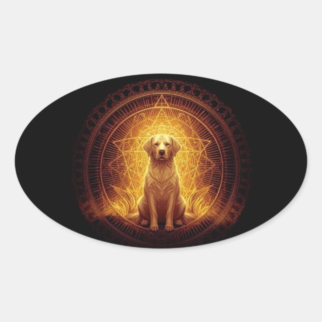 Golden Spirit Dog within Sacred Geometry Oval Sticker (Front)