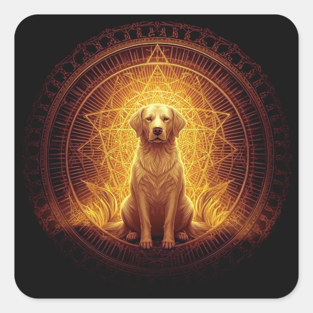 Golden Spirit Dog within Sacred Geometry Square Sticker (Front)