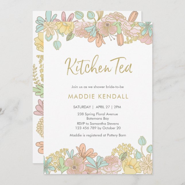 Golden Spring floral Kitchen Tea Party Invitation (Front/Back)