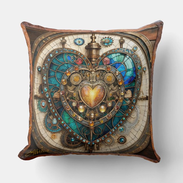 Golden Stained Glass Heart Steampunk Series Cushion (Front)