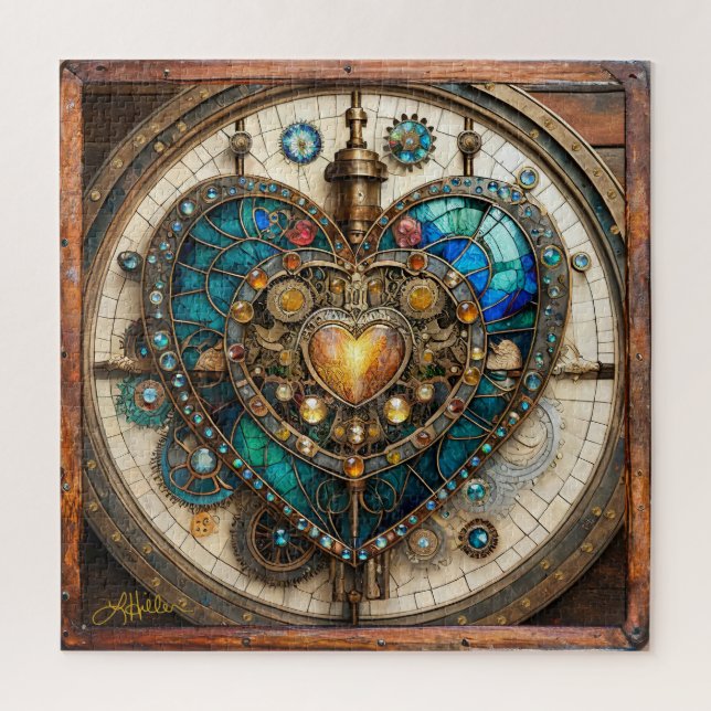 Golden Stained Glass Heart Steampunk Series Jigsaw Puzzle (Vertical)
