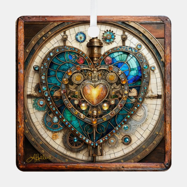 Golden Stained Glass Heart Steampunk Series Metal Tree Decoration (Front)