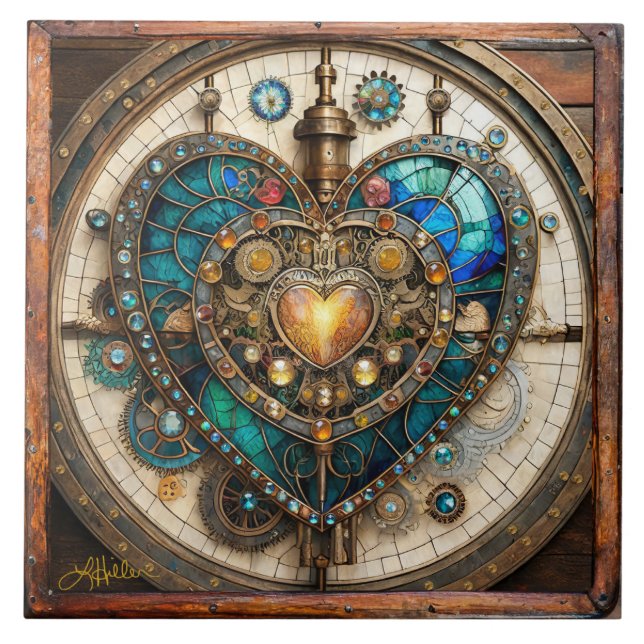 Golden Stained Glass Heart Steampunk Series Tile (Front)