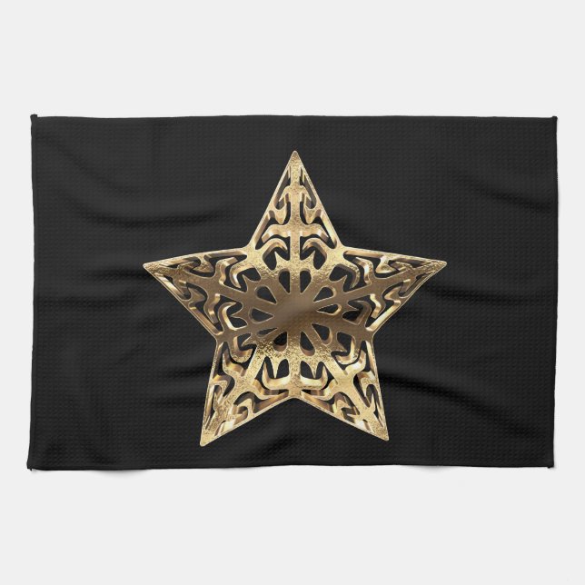 Golden Star Black and Gold Elegant Metallic Tea Towel (Horizontal)