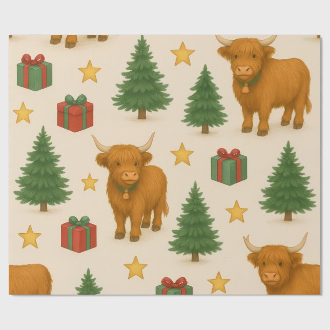 Golden Star Highland Noel  Wrapping Paper (Flat)