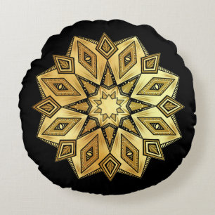Golden Star Mandala on Black Background Round Cushion
