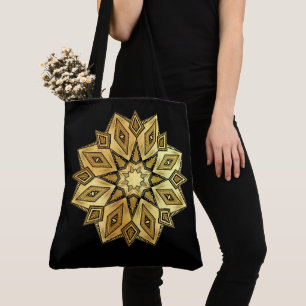 Golden Star Mandala on Black Background Tote Bag