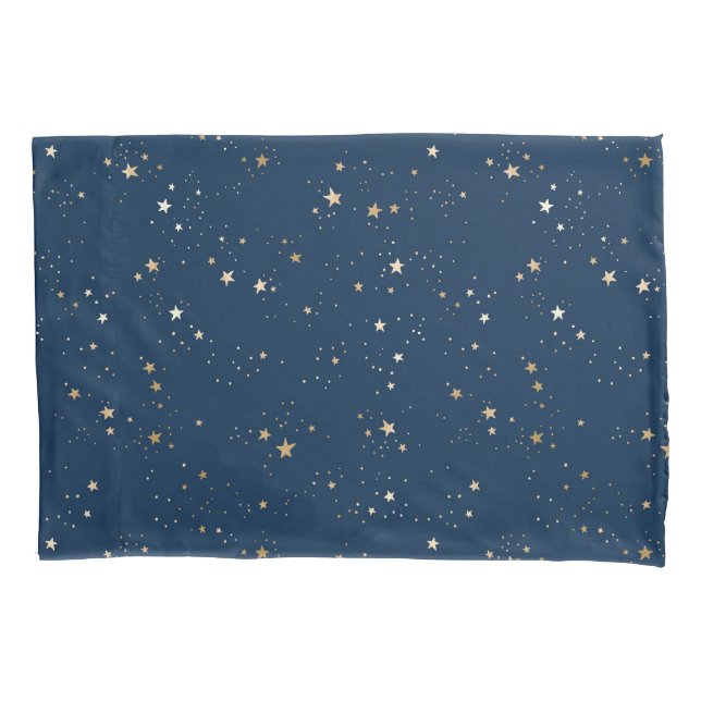 Golden Star on Blue Night Pattern Pillowcase (Front-Left)