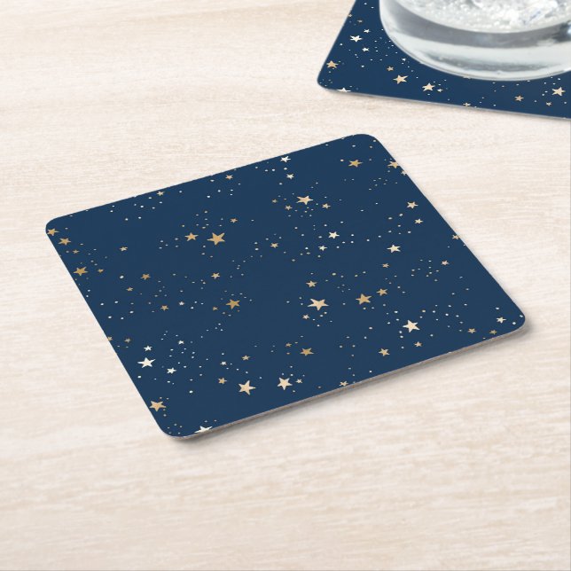 Golden Star on Blue Night Pattern Square Paper Coaster (Angled)