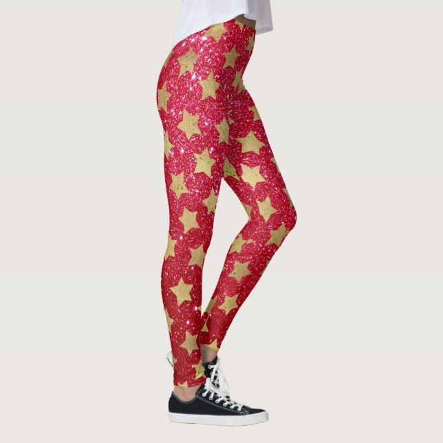Golden Star Pattern, Holiday Christmas Glitter Leggings (Right)