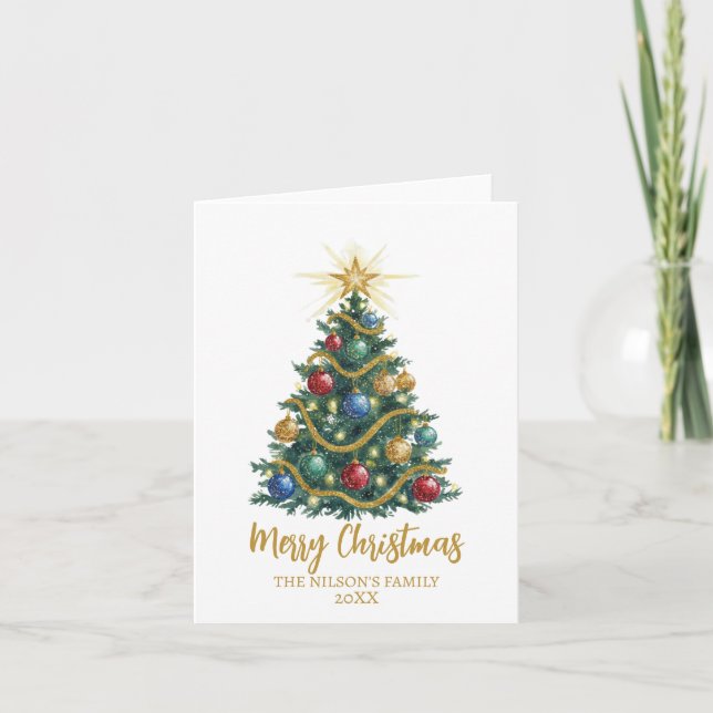 Golden Star watercolor Christmas Tree Card (Front)