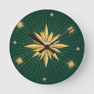 Golden Starburst Floral Pattern on Deep Green – El Round Clock