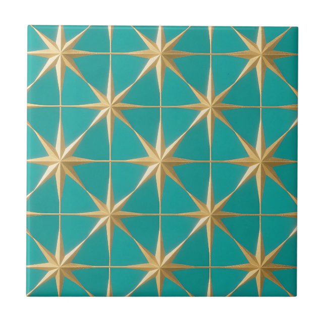 Golden Starburst Geometric Teal Midcentury Tile (Front)