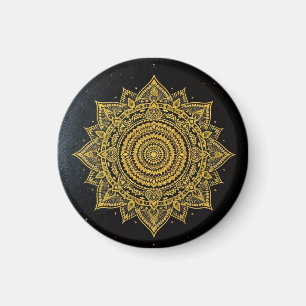 Golden Starburst Mandala on Black Magnet