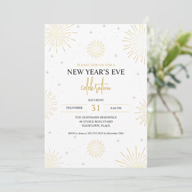 Golden Starbursts New Year's Eve Party Invitation (Standing Front)