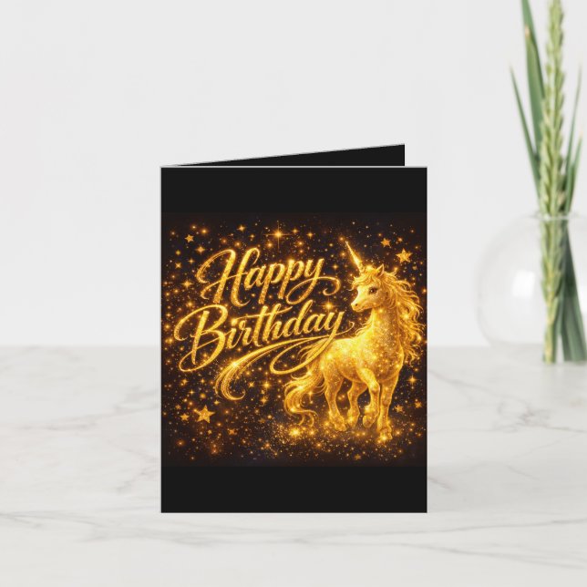Golden Stardust Birthday — Fantasy Unicorn  Invitation (Front)