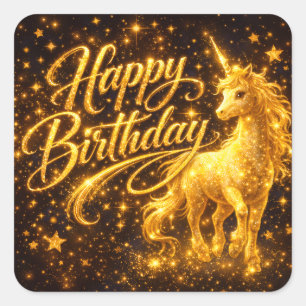 Golden Stardust Birthday — Fantasy Unicorn Square Sticker