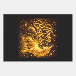 Golden Stardust Birthday — Fantasy Unicorn Wrapping Paper Sheet