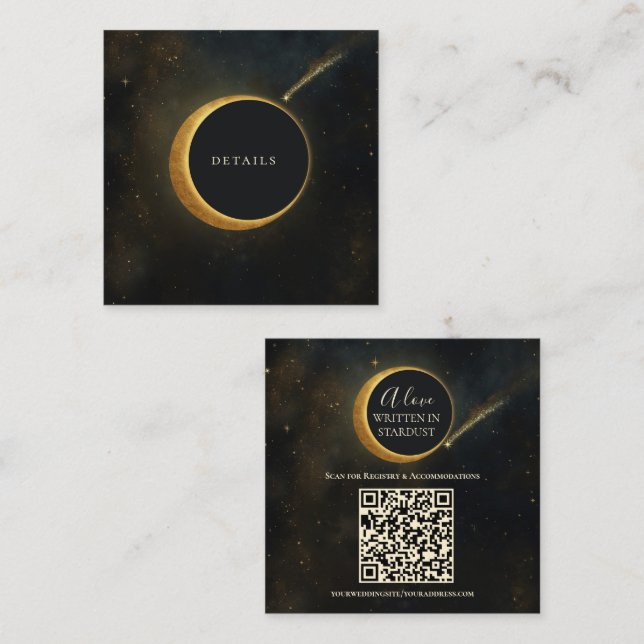Golden Stardust Eclipse Celestial Wedding Details Square Business Card (Front/Back)