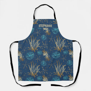 Golden Starfish & Coral Reef Pattern on Blue Apron