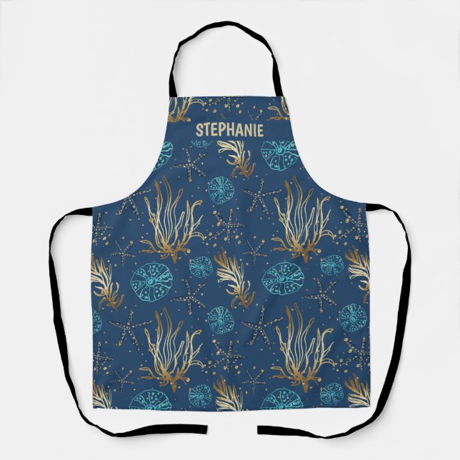 Golden Starfish & Coral Reef Pattern on Blue Apron (Front)