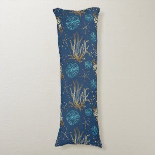 Golden Starfish & Coral Reef Pattern on Blue Body Cushion