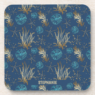 Golden Starfish & Coral Reef Pattern on Blue Coaster