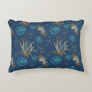 Golden Starfish & Coral Reef Pattern on Blue Decorative Cushion