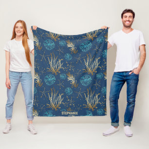 Golden Starfish & Coral Reef Pattern on Blue Fleece Blanket