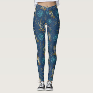 Golden Starfish & Coral Reef Pattern on Blue Leggings