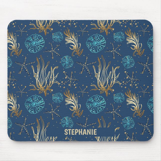 Golden Starfish & Coral Reef Pattern on Blue Mouse Mat (Front)