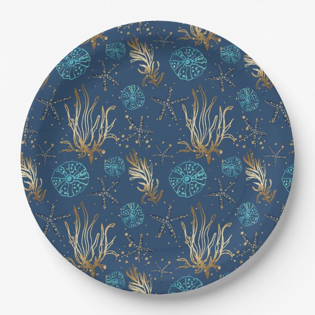 Golden Starfish & Coral Reef Pattern on Blue Paper Plate (Front)