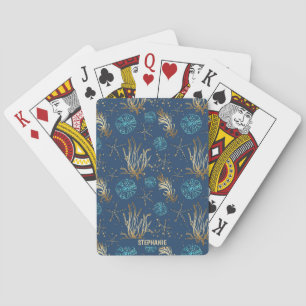 Golden Starfish & Coral Reef Pattern on Blue Playing Cards