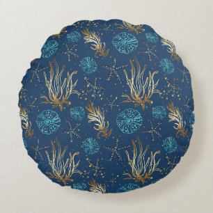 Golden Starfish & Coral Reef Pattern on Blue Round Cushion