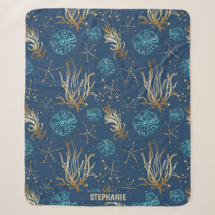 Golden Starfish & Coral Reef Pattern on Blue Sherpa Blanket