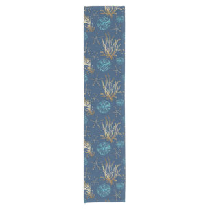 Golden Starfish & Coral Reef Pattern on Blue Short Table Runner