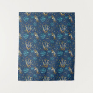 Golden Starfish & Coral Reef Pattern on Blue Tapestry
