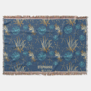 Golden Starfish & Coral Reef Pattern on Blue Throw Blanket