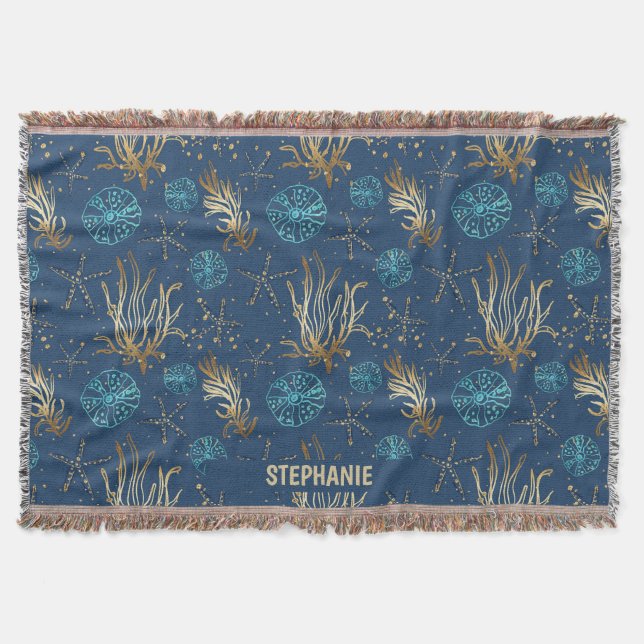 Golden Starfish & Coral Reef Pattern on Blue Throw Blanket (Front)