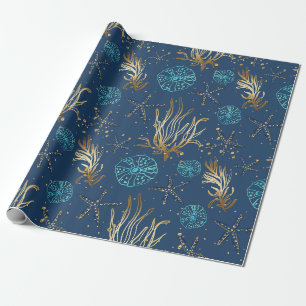 Golden Starfish & Coral Reef Pattern on Blue Wrapping Paper