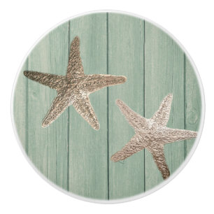 Golden Starfish & Wood Elegant Beach Custom Chic Ceramic Knob