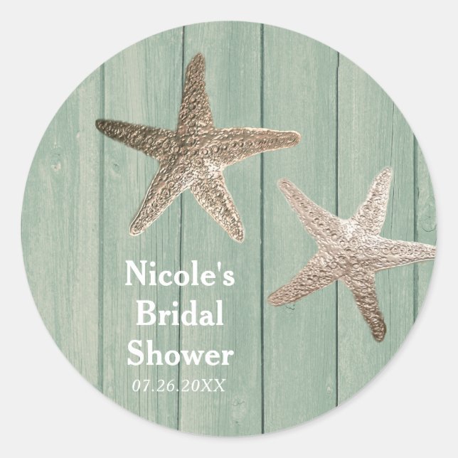 Golden Starfish & Wood Elegant Beach Custom Favour Classic Round Sticker (Front)