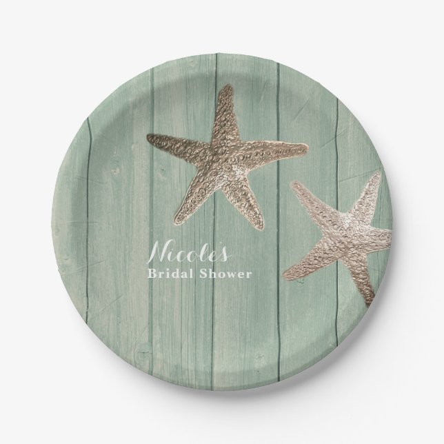 Golden Starfish & Wood Elegant Beach Custom Party Paper Plate (Front)