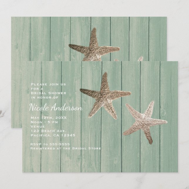 Golden Starfish & Wood Elegant Beach Invitations (Front/Back)