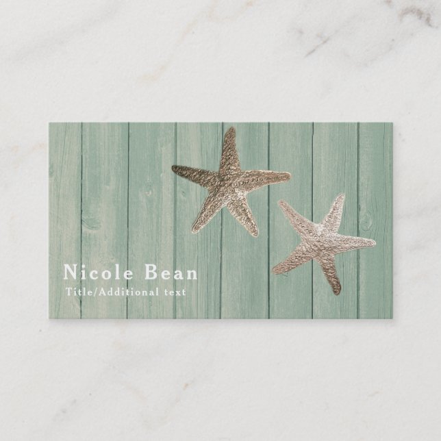Golden Starfish & Wood Elegant Beach Tropical Chic Business Card (Front)