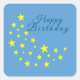 Golden Starry Moon on Picton Blue Happy Birthday Square Sticker
