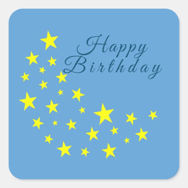 Golden Starry Moon on Picton Blue Happy Birthday Square Sticker (Front)