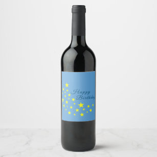Golden Starry Moon on Picton Blue Happy Birthday Wine Label
