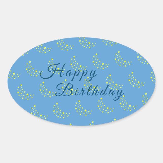 Golden Starry Moon, Picton Blue Happy Birthday  Oval Sticker (Front)