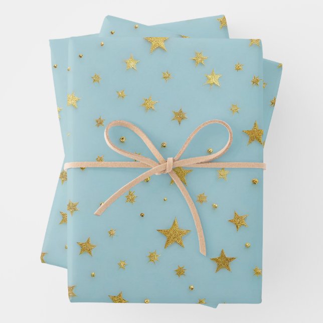 Golden Stars and Beads Over Light Blue Background  Wrapping Paper Sheet (In situ)